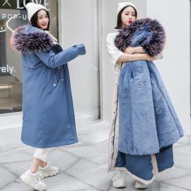 实拍2019冬季羊羔毛内胆可卸韩版羽绒棉服女中长款大毛领学生棉衣