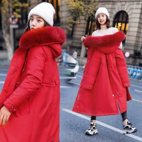 2019新款女装韩版显瘦修身加绒棉服派克服大毛领中长款bf棉衣外套
